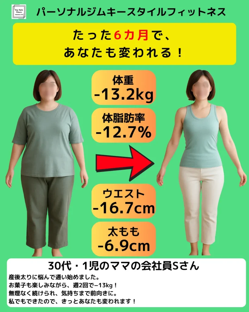 30代ママが6カ月で−13.2kgダイエットに成功したビフォーアフター写真|札幌パーソナルジム キースタイルフィットネス
