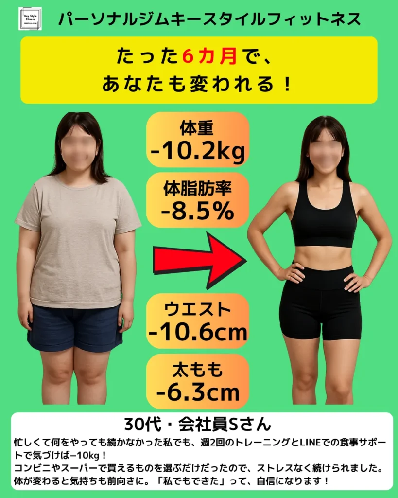 30代会社員女性が6カ月で−10.2kgダイエットに成功したビフォーアフター写真|キースタイルフィットネス札幌