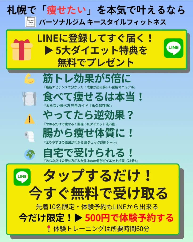札幌のパーソナルジムでLINE登録することで5つのダイエット特典を無料でもらえる案内画像(水色背景)