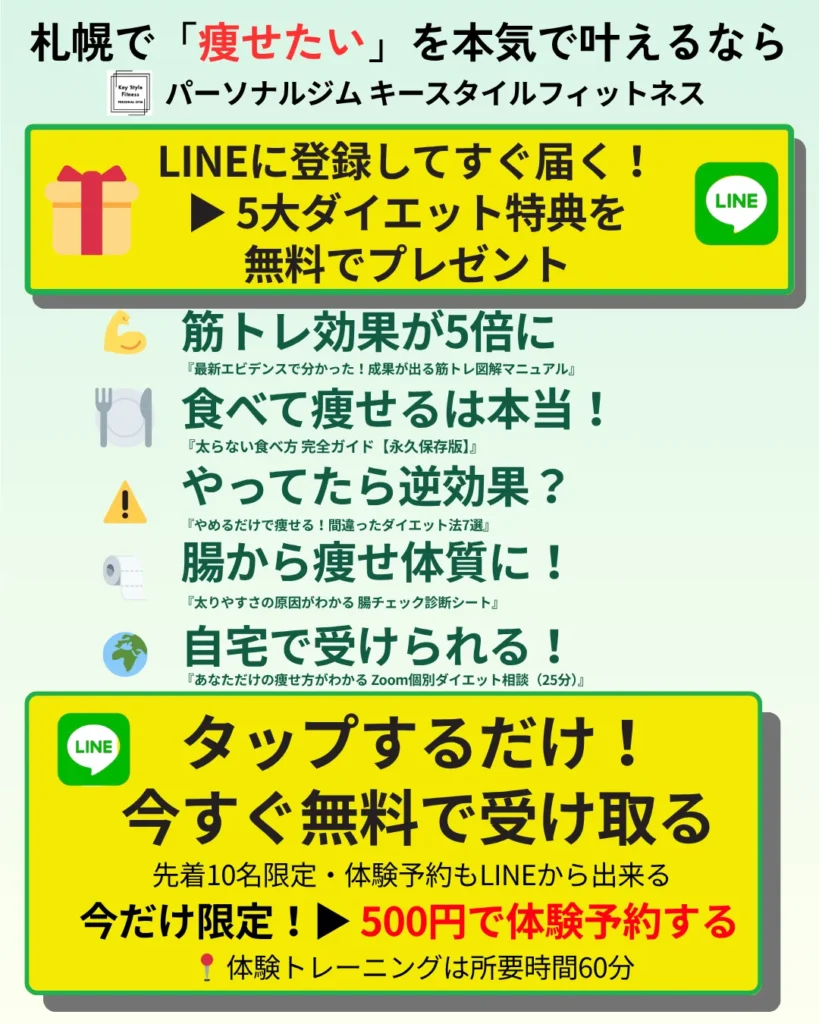 札幌のパーソナルジムでLINE登録すると5大ダイエット特典が無料でもらえるキャンペーン画像(ミントグリーン背景)