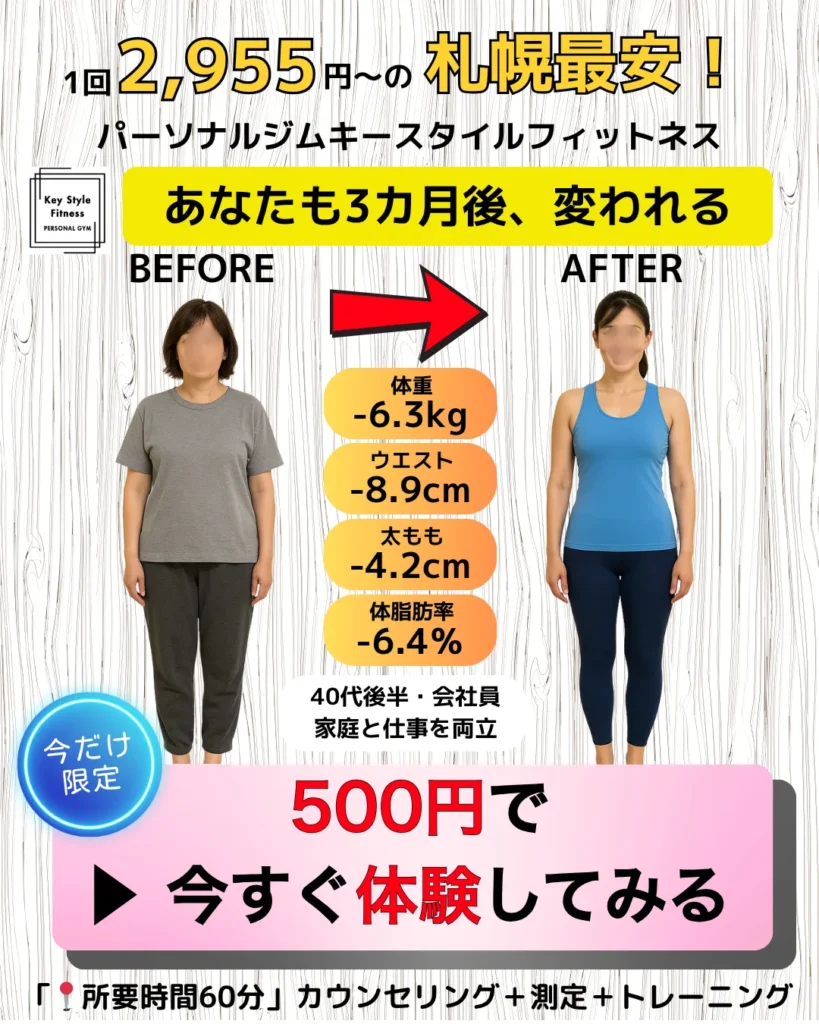札幌市のパーソナルジムで40代女性が3カ月で−6.3kgを達成したビフォーアフター写真