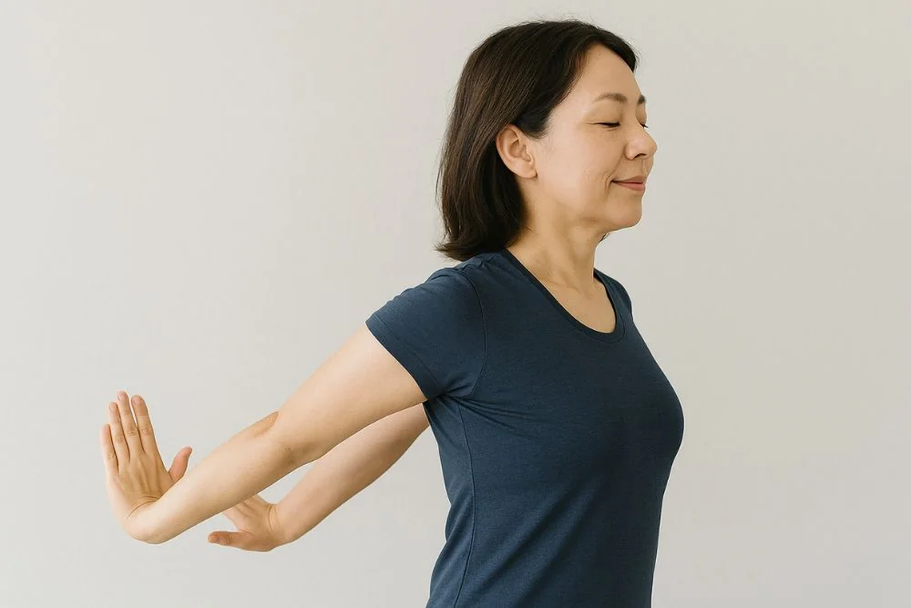 姿勢改善ストレッチで二の腕を細くする女性