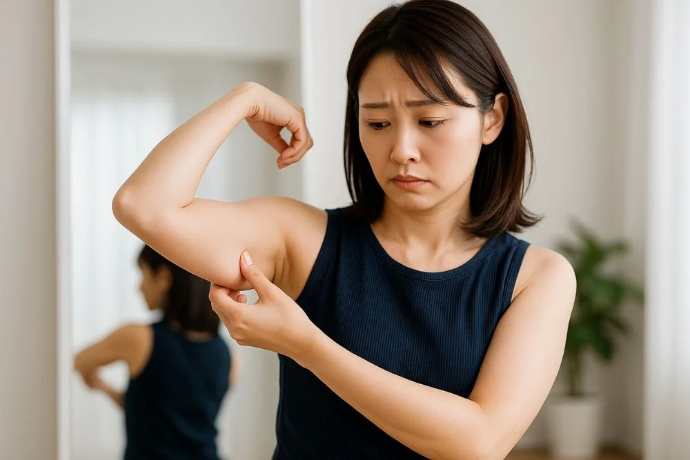 二の腕の脂肪を気にする女性の写真