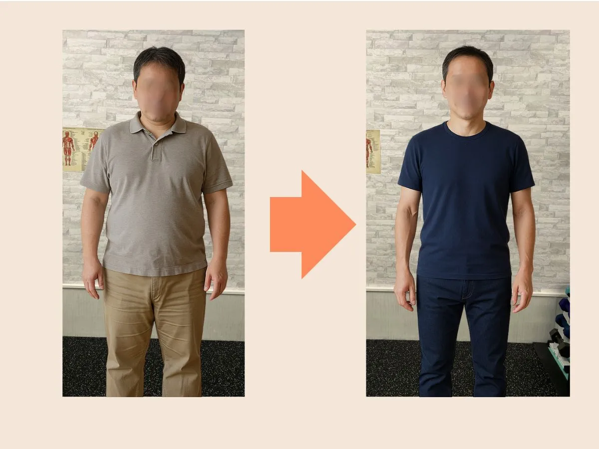 40代男性(デスクワーク)/7カ月の変化:体重-13.5kg・体脂肪率-9.0%・ウエスト-17cm・太もも-5cm