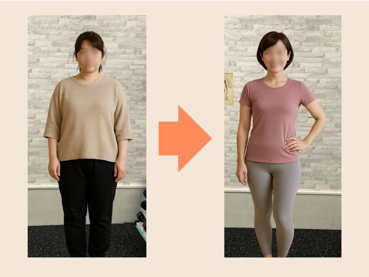 40代女性・産後/3カ月の変化:体重-5.8kg・体脂肪率-5.2%・ウエスト-11.0cm・太もも-5.2cm