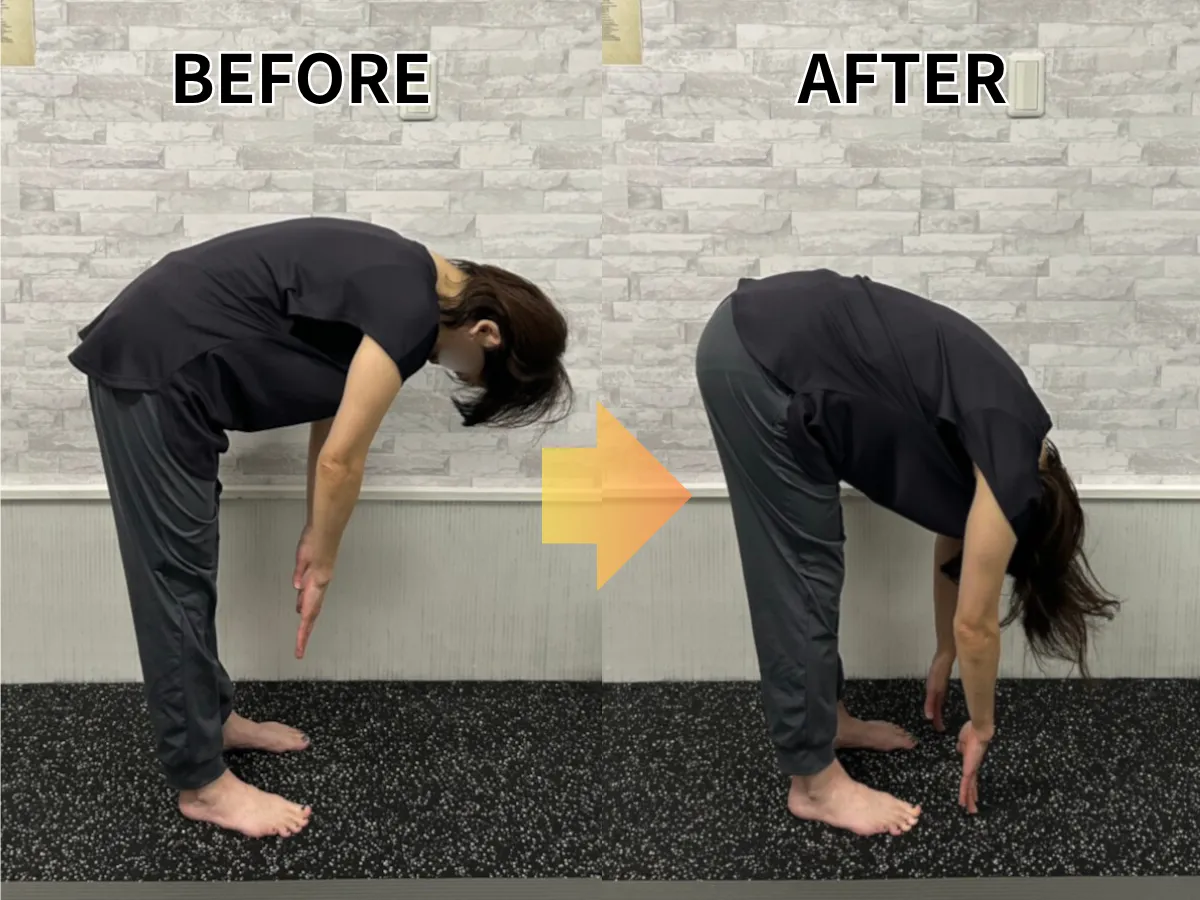 体リセットメソッドで柔軟性が変わるデモ（前屈のBefore/After）