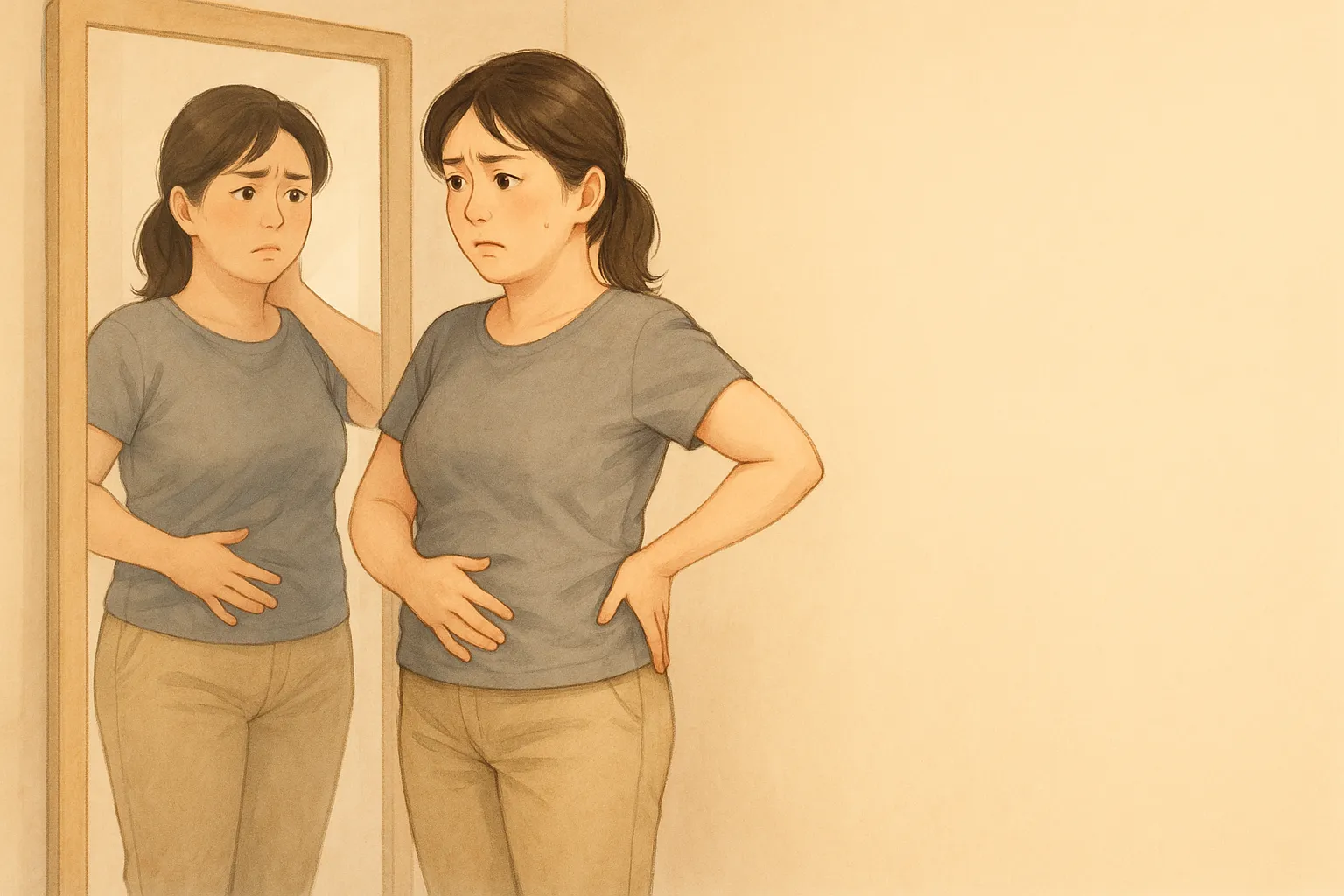 札幌市西区発寒のパーソナルジムで体型や姿勢に悩む30〜50代女性のイラスト