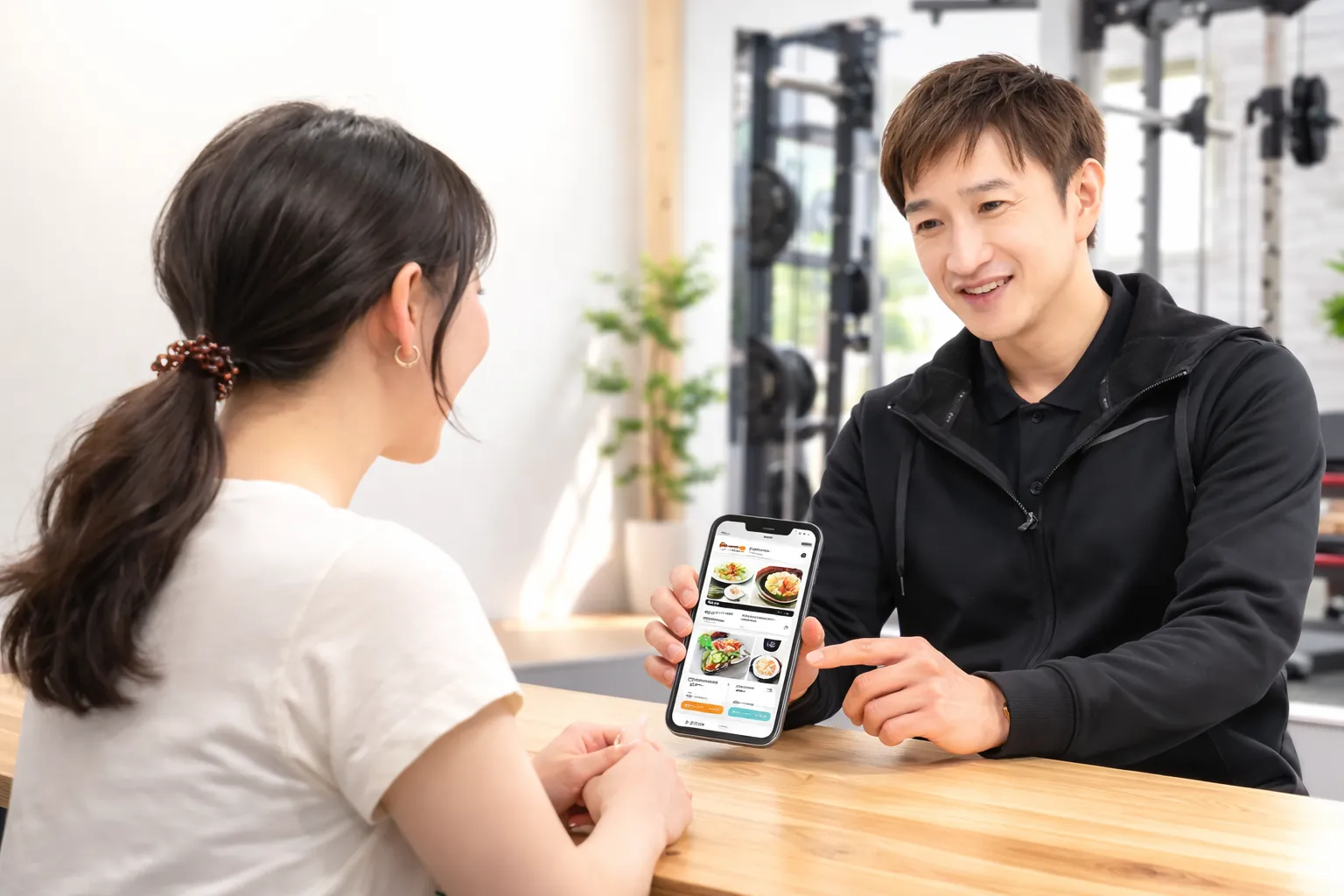 札幌市西区・発寒のパーソナルジムで、女性のお客様に食事サポートのカウンセリングをしている様子