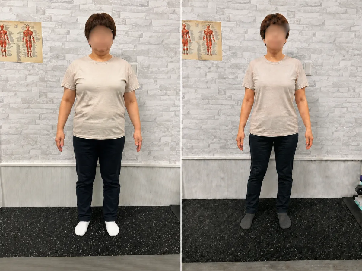 札幌市西区・発寒のパーソナルジムで50代女性が6カ月で体重−9.2kg、体脂肪率−5.4％、ウエスト−10.5cm、太もも−5.0cmを達成したダイエットのビフォーアフター写真