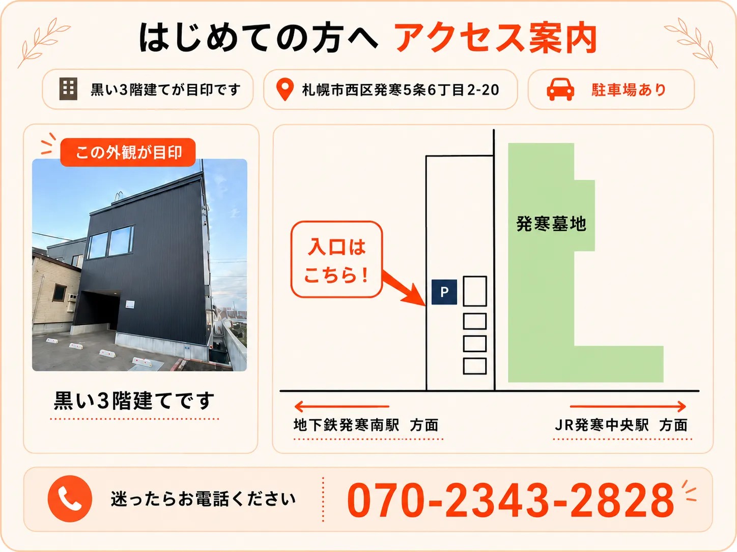 札幌市西区・発寒のパーソナルジム キースタイルフィットネスの駐車場と入口を示した詳細マップ