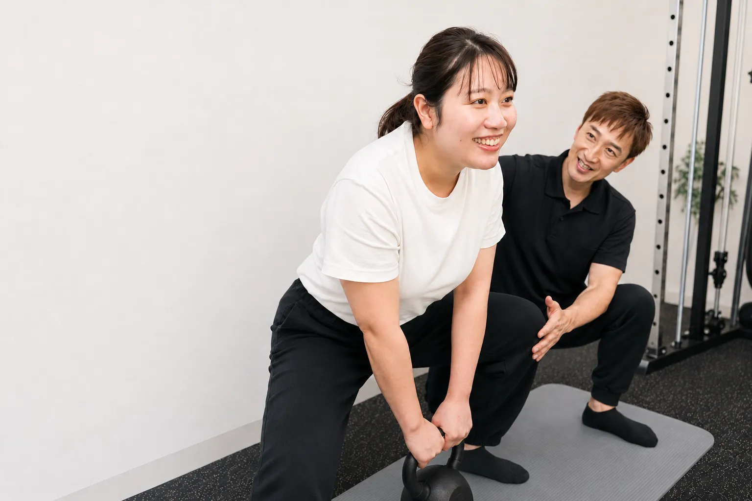 札幌市西区発寒のキースタイルフィットネスで女性のお客様にマンツーマン指導を行うトレーナー